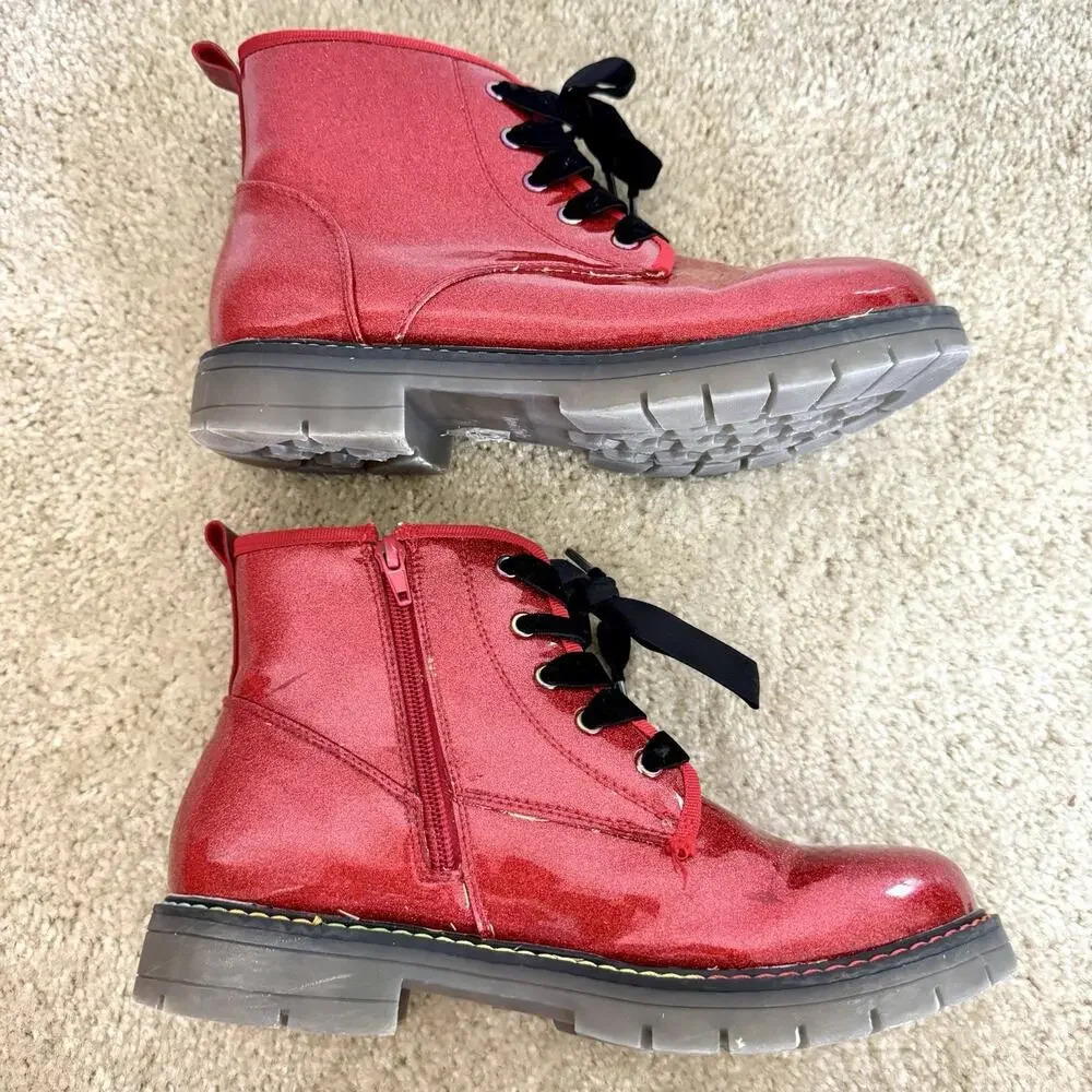 Dream Pairs Girls Size 6 Red Glitter Combat Boots Velvet Laces Side Zip Sparkle